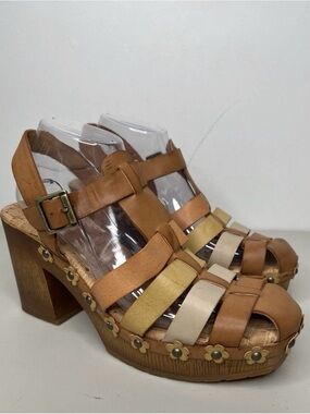 Born Strappy Multi-Color Leather Platform Wedges - Tan, Cream, Gold